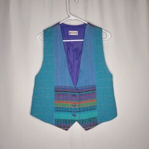 Jesamie Woven Vtg Vest Women‎ 4 XS Turquoise Multicolor V-Neck Lined Button